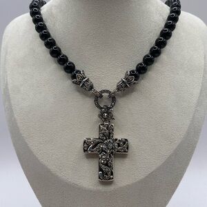 Suspicion Sterling Silver Marcasite Black Agate Bead Necklace W/Cross Pe…